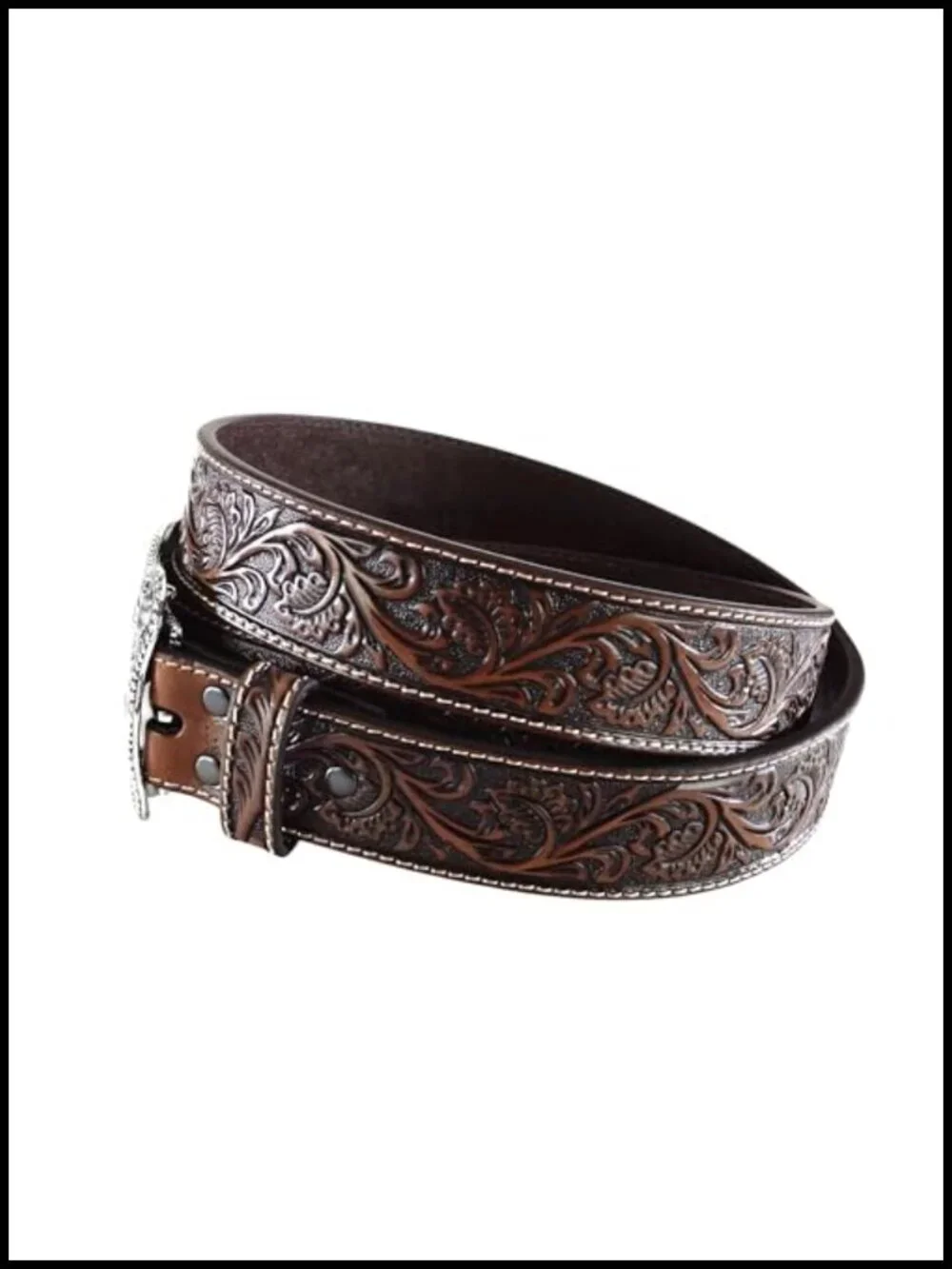 Men's Floral Embossed Leather Belt with Cowboy Buckle